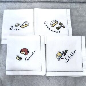 Pottery Barn Embroidered Cheese Cocktail Napkins Set of 4 White Cotton 9x9